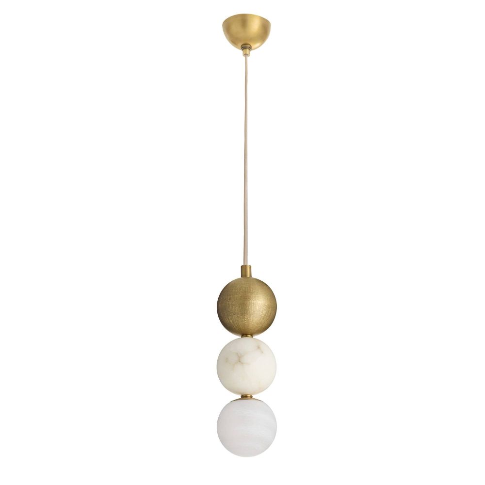 Pendant light with gold and white spherical design on a white background
