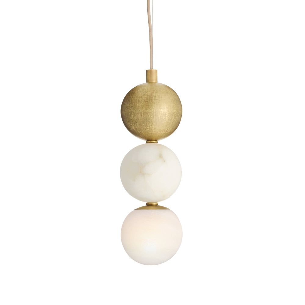 Pendant light with gold and white spherical shades on a white background