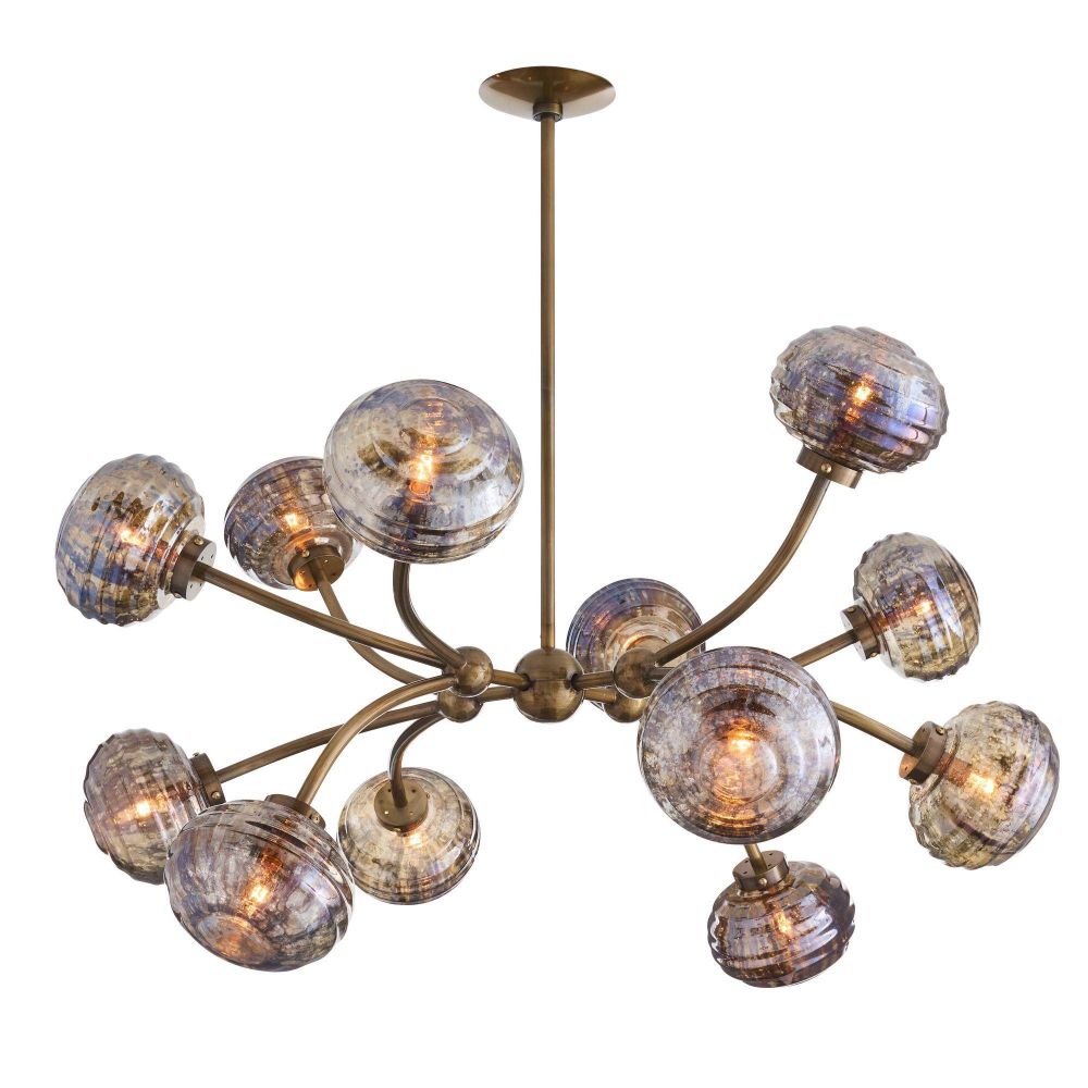 Chandelier with multiple glass shades on a white background