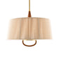 Pendant light with a beige lampshade and gold accents on a white background