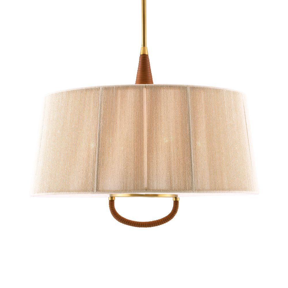 Pendant light with a beige lampshade and gold accents on a white background