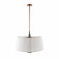Pendant light with white shade and bronze fixture on a white background