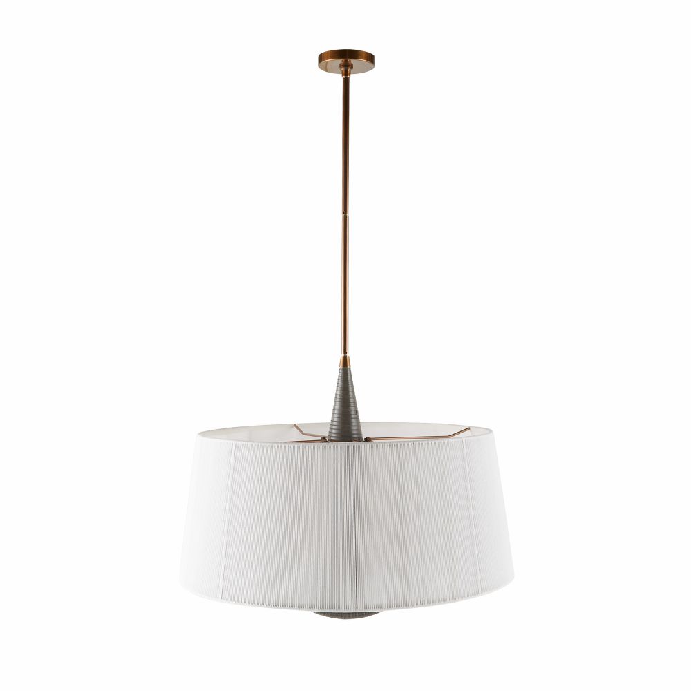 Pendant light with white shade and bronze fixture on a white background