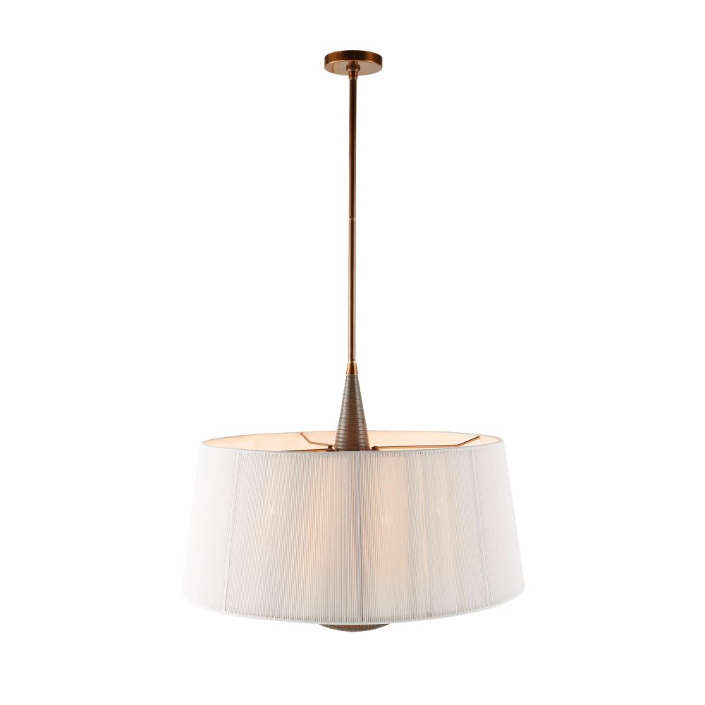 Pendant light with white shade and bronze fixture on a white background
