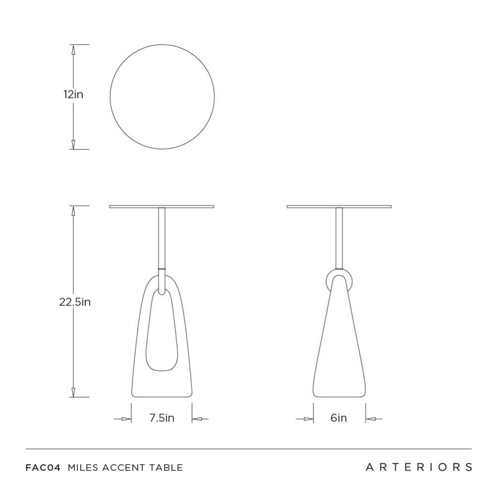 Technical drawing of a Miles Accent Table with dimensions labeled, featuring the brand 'Arteriors'.