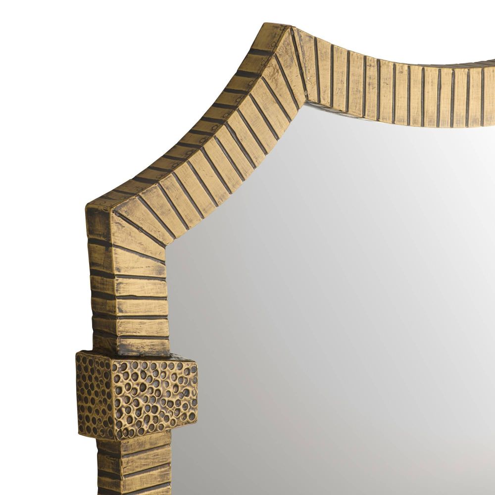 Decorative mirror with a textured gold frame on a white background