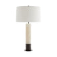 Table lamp with a white shade and cylindrical base on a white background