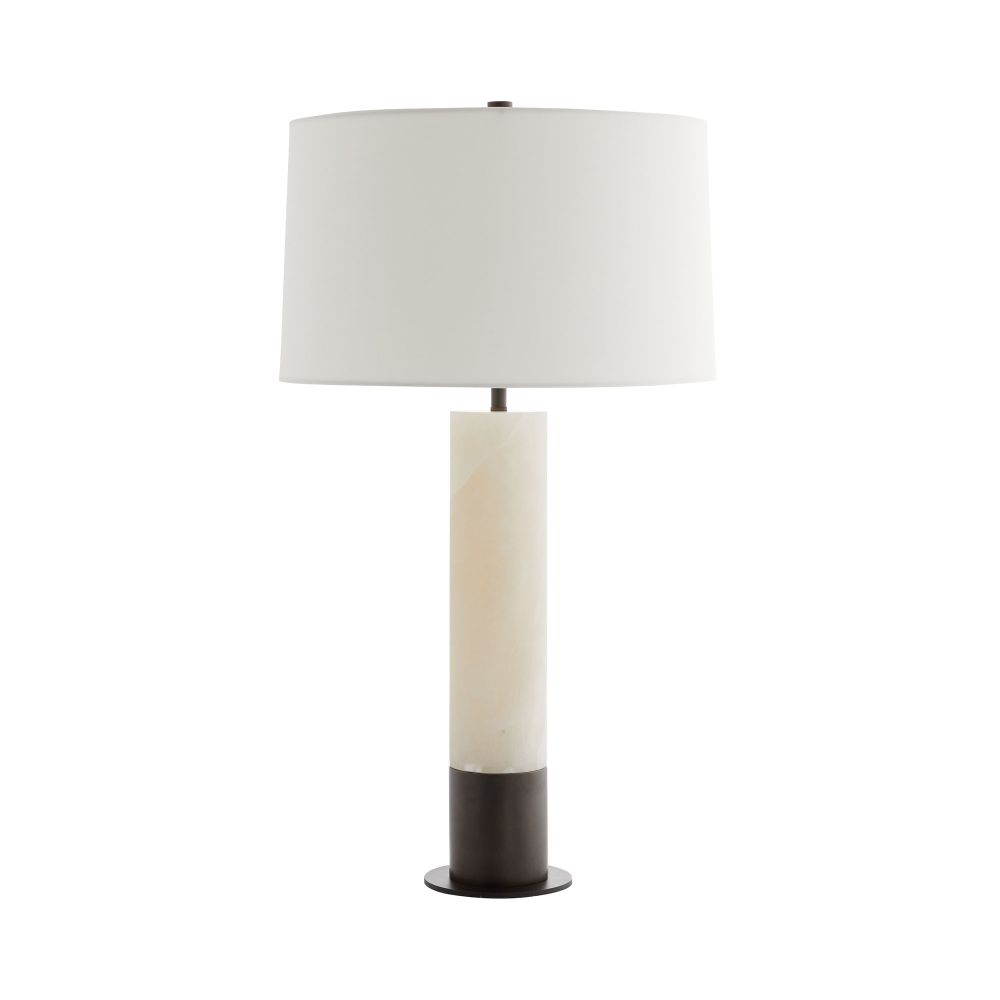 Table lamp with a white shade and cylindrical base on a white background