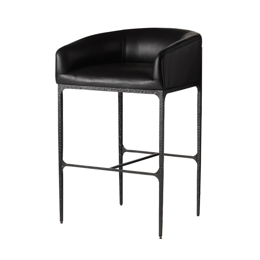 Black bar stool with a modern design on a white background