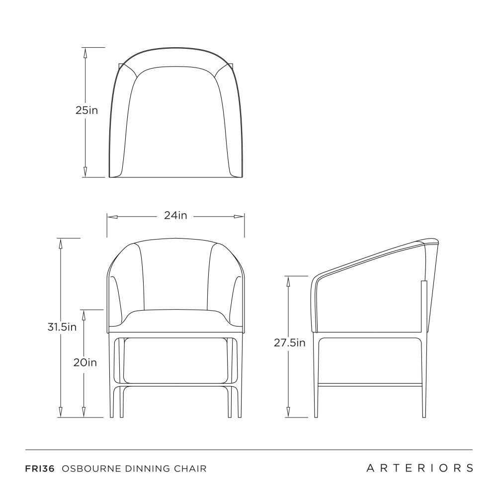 Technical drawing of a dining chair with dimensions labeled, featuring the brand 'Arteriors'.