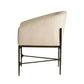 Beige upholstered chair with dark metal frame on a white background