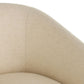 Close-up of a beige upholstered chair armrest on a white background