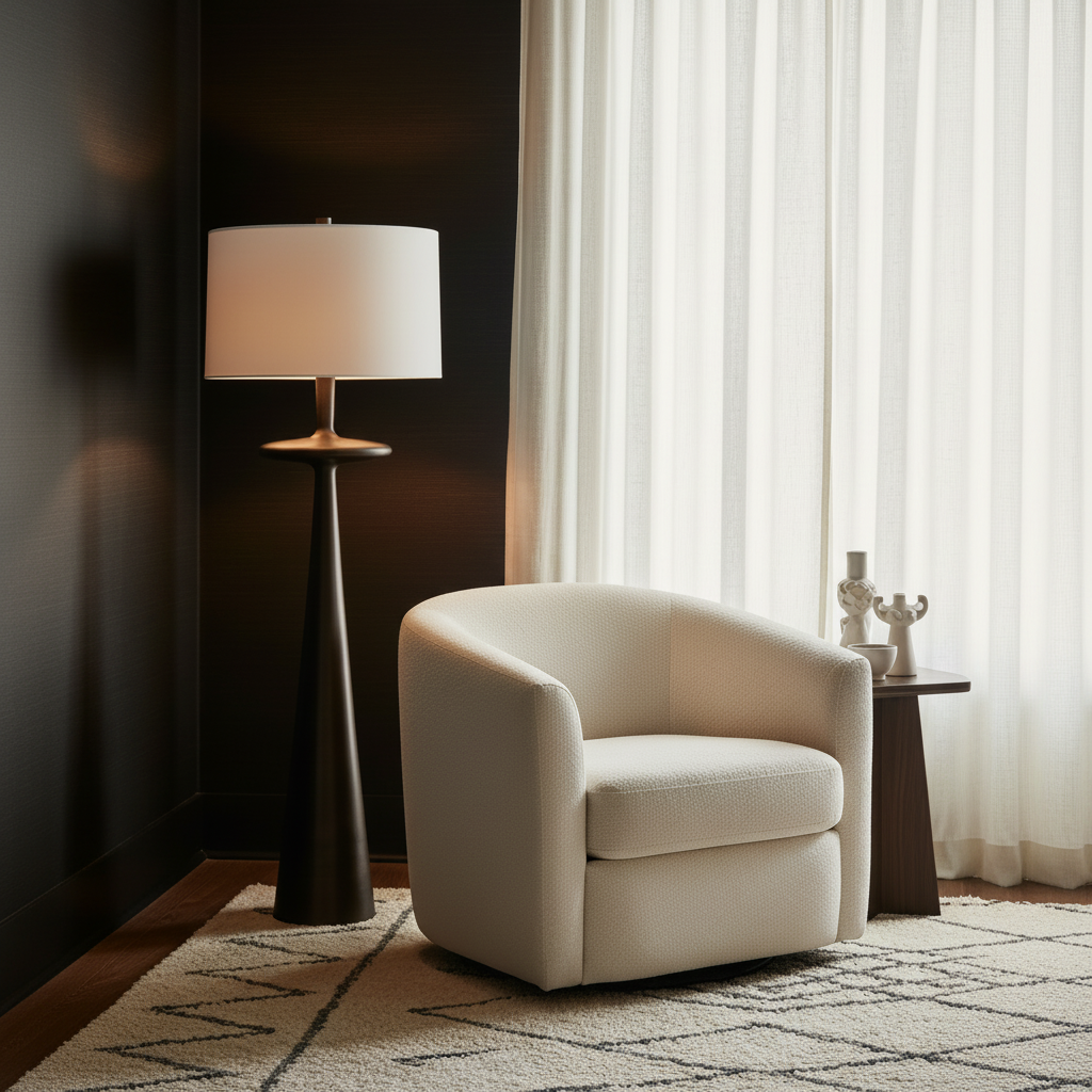 A cream-colored upholstered barrel chair in a modern living room setting next to a black floor lamp and a small side table with decorative objects.