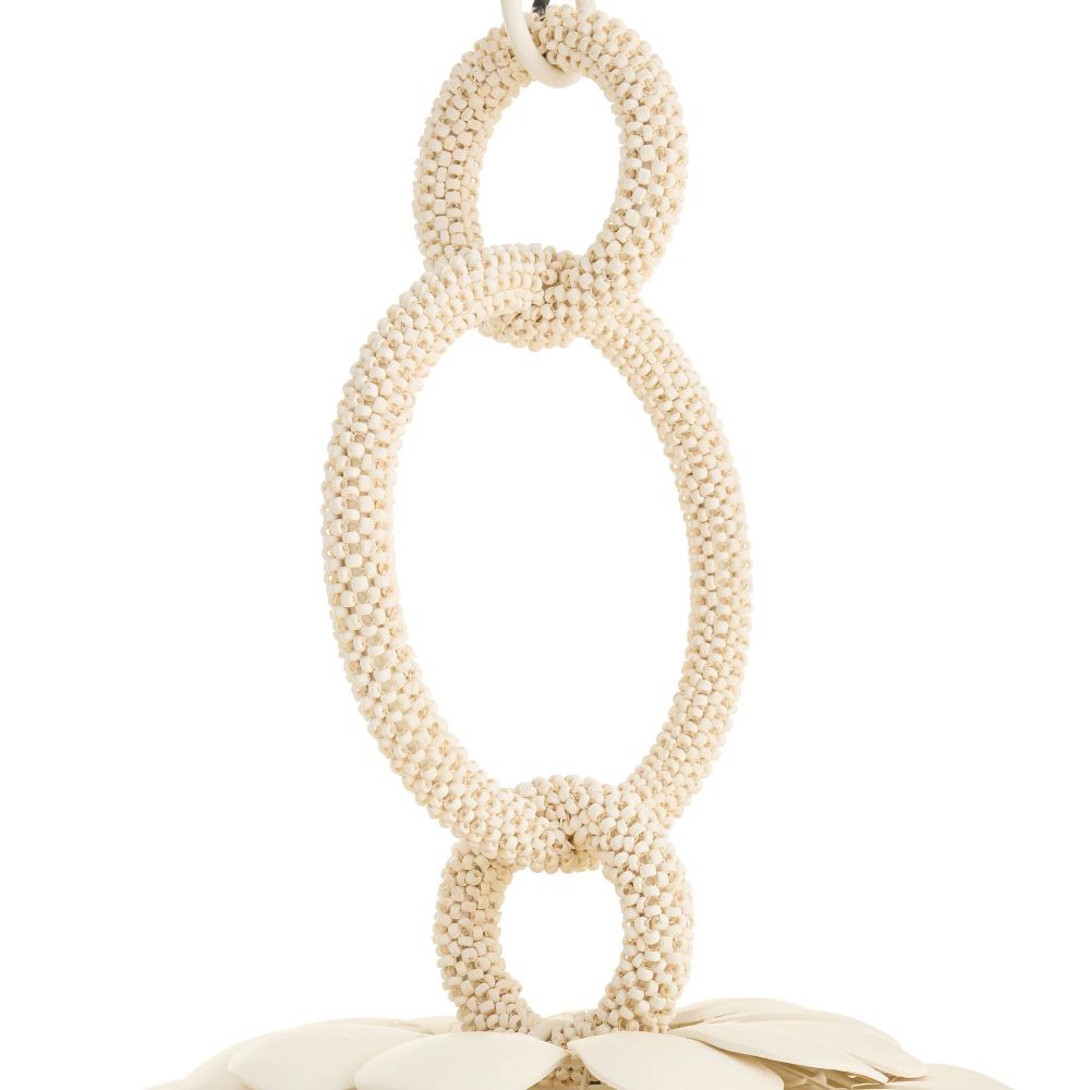 Beige handbag with textured chain handle on a white background