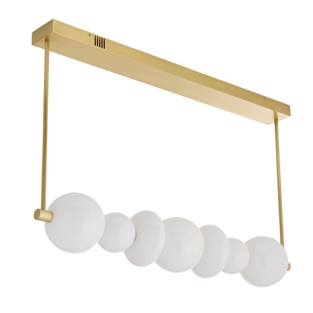 Modern pendant light with gold fixture and white glass spheres on a white background