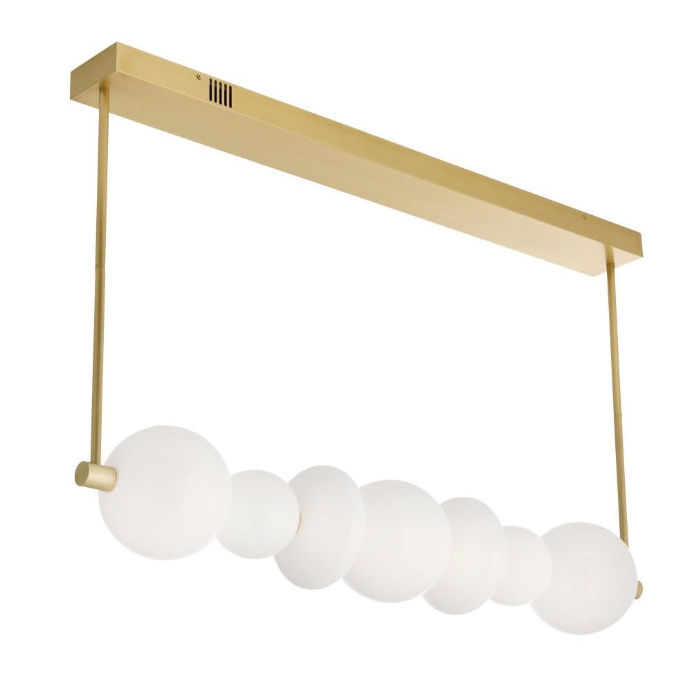 Modern pendant light with gold frame and white glass spheres on a white background