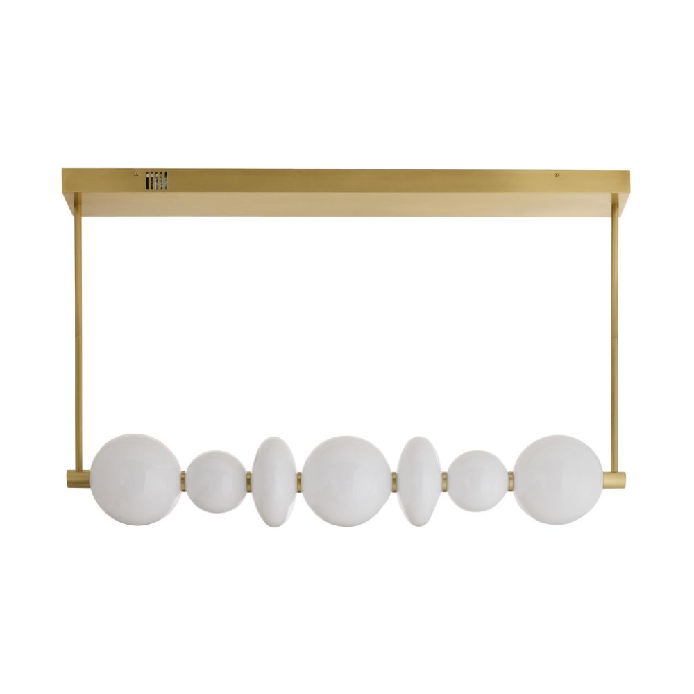 Ceiling light fixture with gold frame and white circular shades on a white background