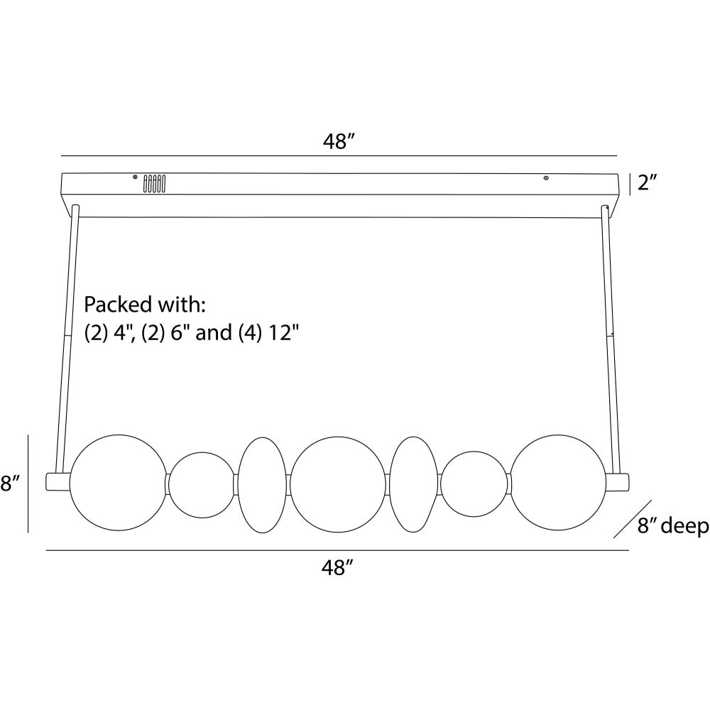 Technical drawing of a rectangular frame with dimensions and packing details.