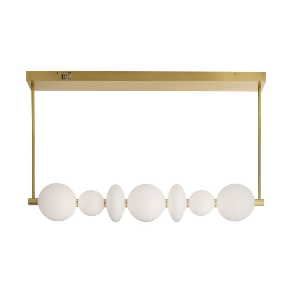 Ceiling light fixture with gold frame and white spherical lights on a white background