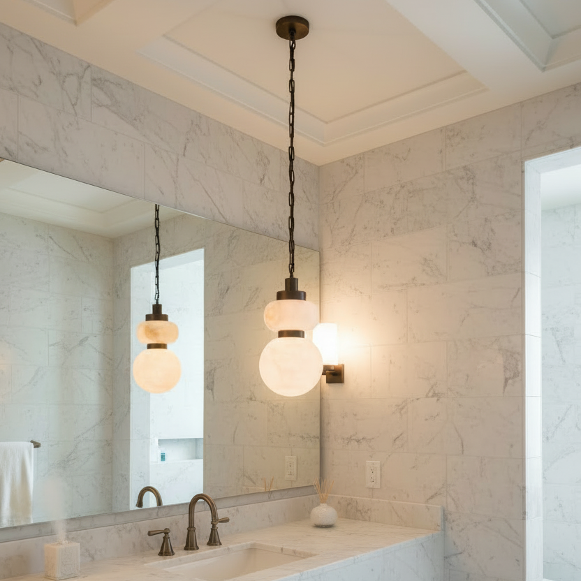 A modern bathroom interior with a hanging pendant light above a sink. The fixture has a dark metal chain and base with two frosted oval glass shades, glowing with warm light.