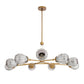 Modern chandelier with gold frame and glass shades on a white background