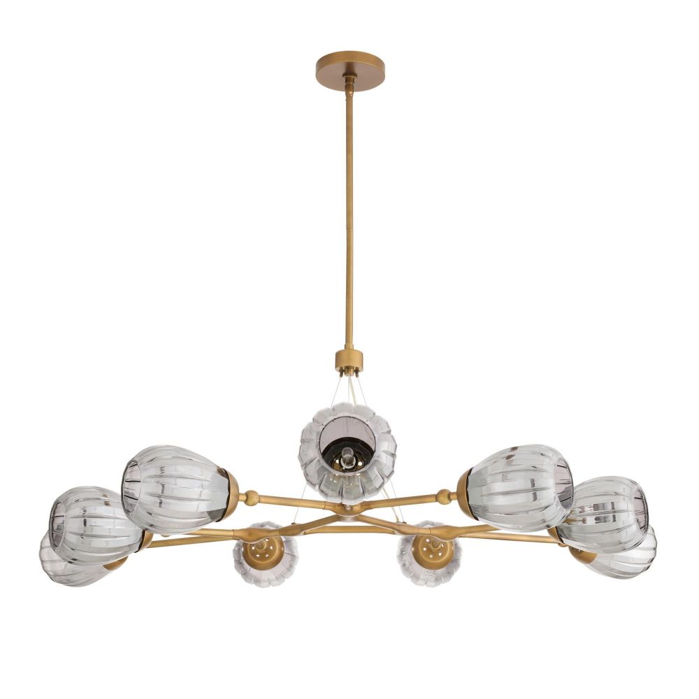 Modern chandelier with gold frame and glass shades on a white background