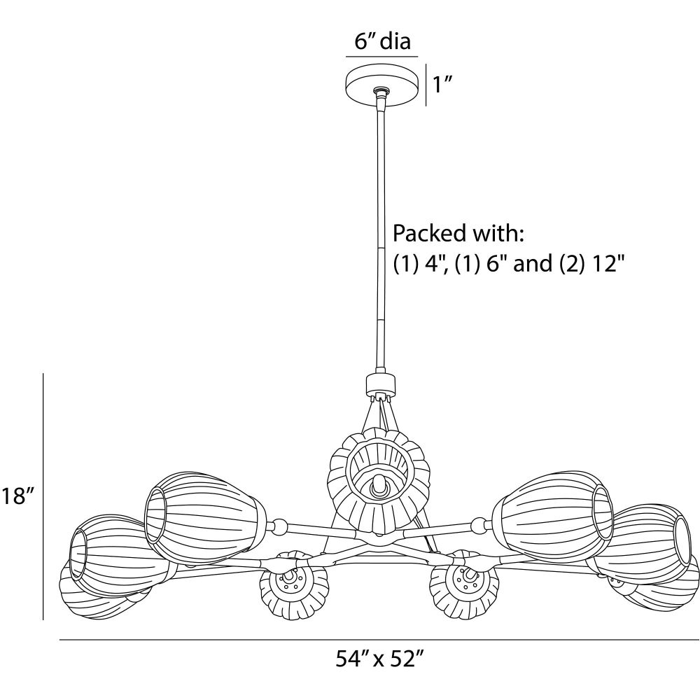 Line drawing of a ceiling light fixture with measurements and packaging details.
