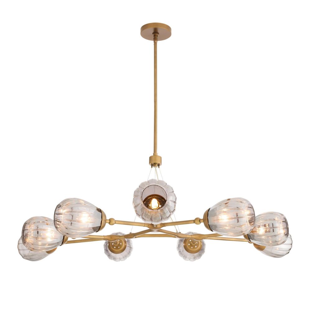 Modern chandelier with gold frame and glass shades on a white background