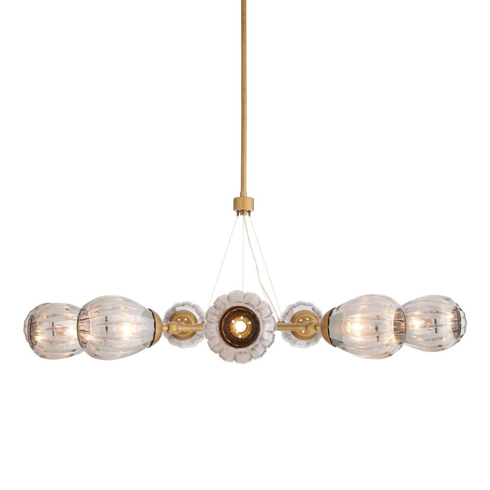 Modern pendant light with glass bulbs and gold accents on a white background
