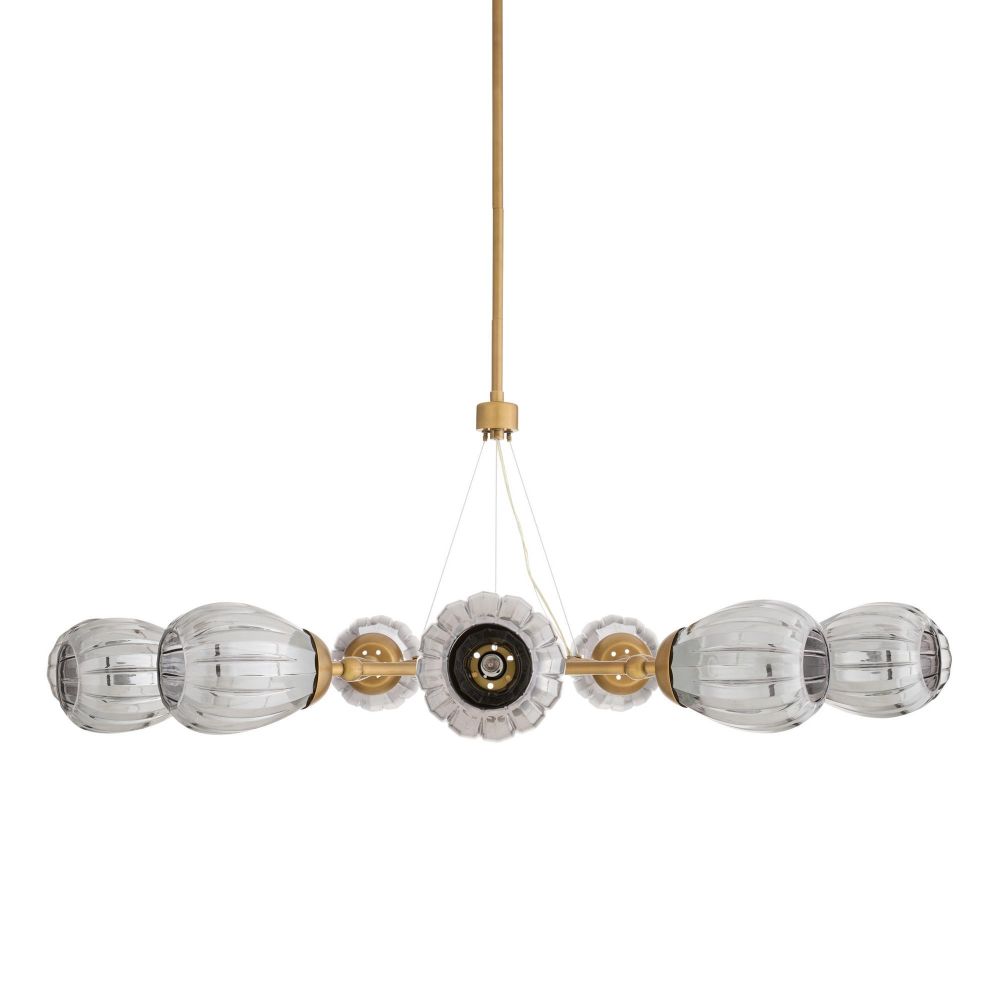 Modern chandelier with glass shades and gold accents on a white background