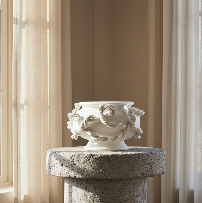 A white ceramic decorative bowl with sculpted floral and scroll motifs, displayed on a round stone pedestal in a softly lit interior with beige walls and sheer curtains.