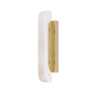 Wall-mounted light fixture with white shade and gold metal bracket on a white background