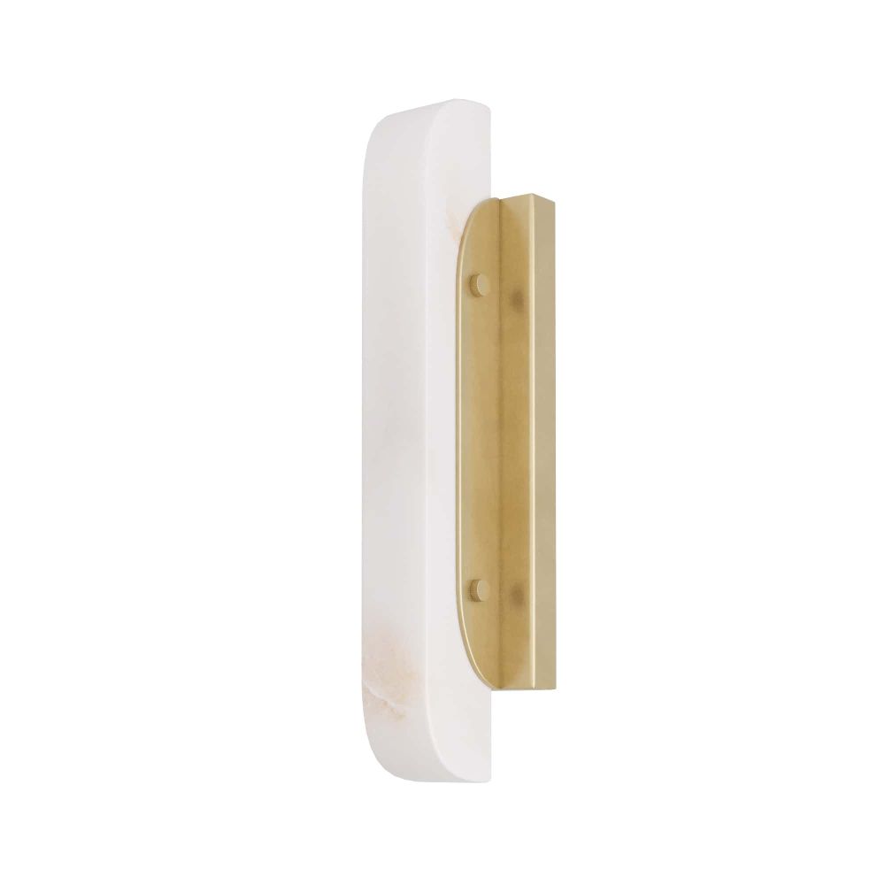 Wall-mounted light fixture with white shade and gold metal bracket on a white background