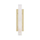 Two vertical light fixtures with a white cylindrical shade and gold base on a white background