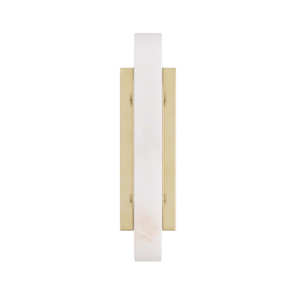 Two vertical light fixtures with a white cylindrical shade and gold base on a white background