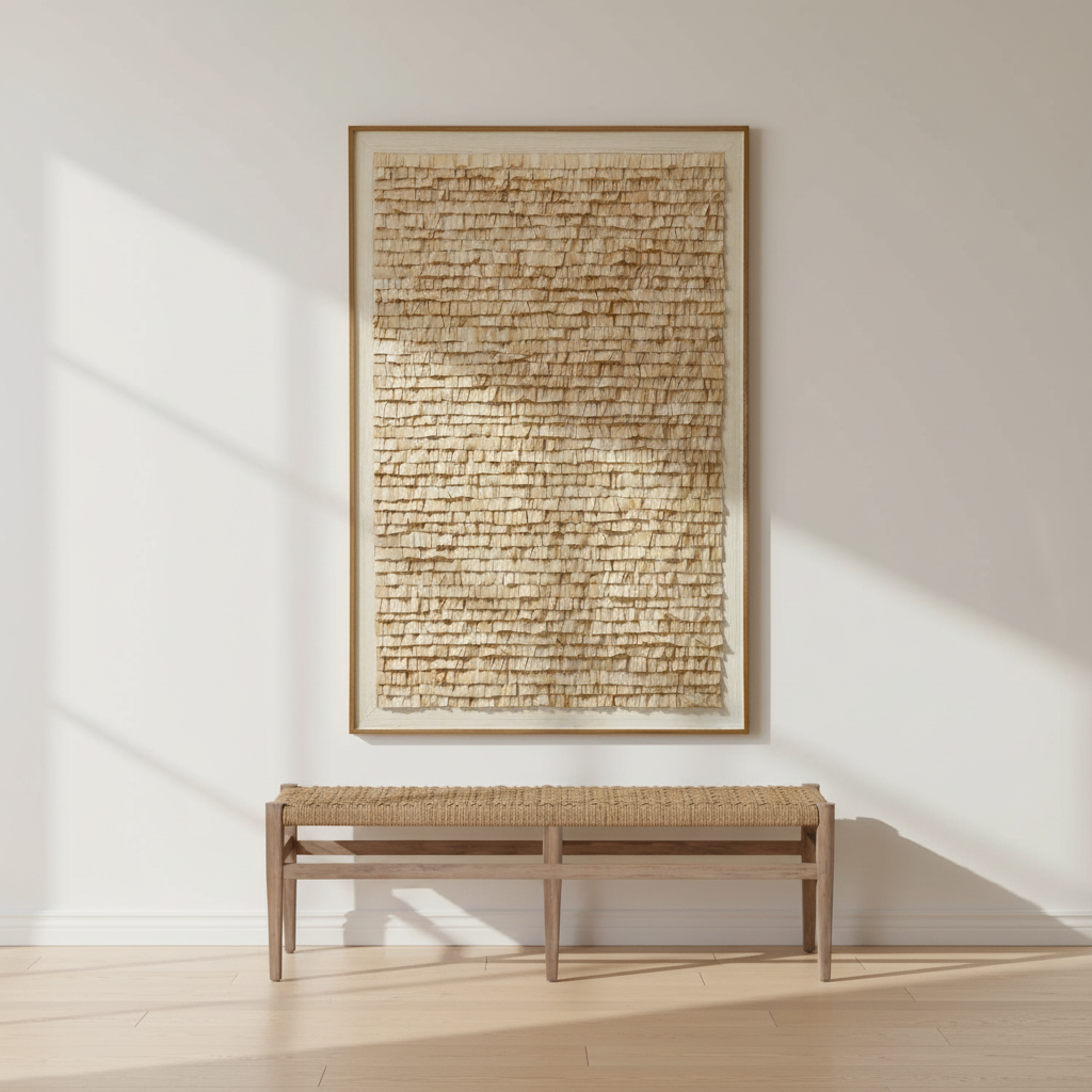 Framed textured artwork on a wall above a wooden bench in a minimalistic room. larson