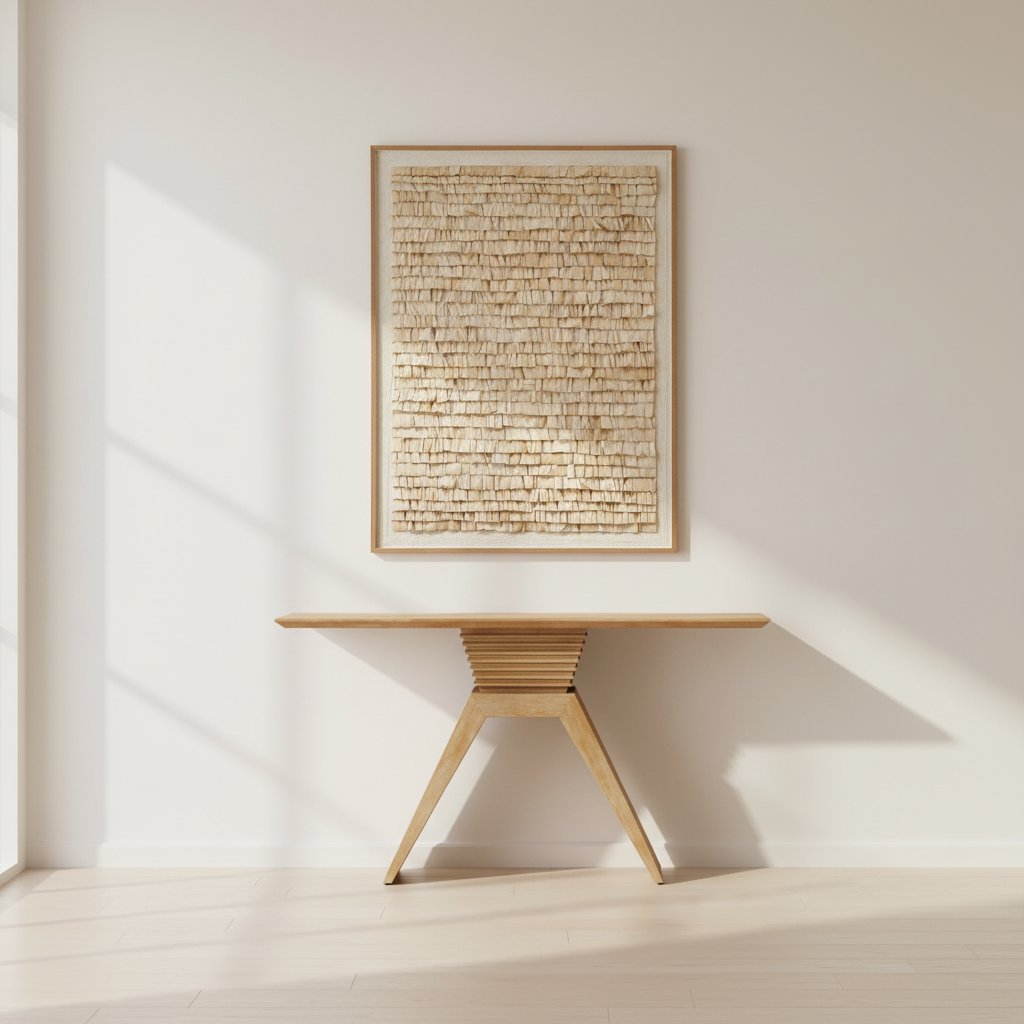 Wooden table with a textured wall art piece in a minimalistic room.