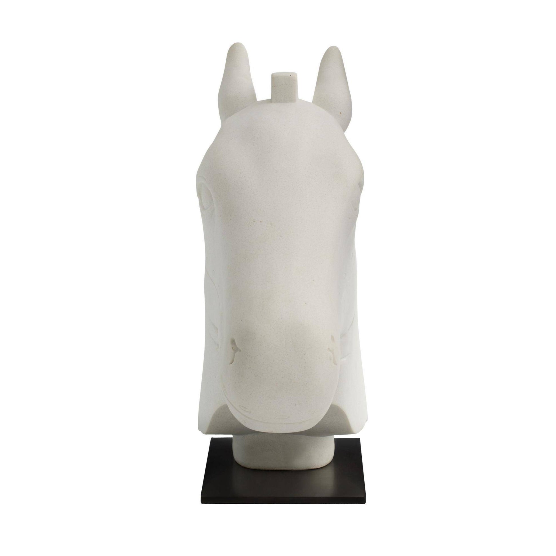 White horse head sculpture on a black base against a white background