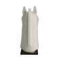 A minimalist white horse head sculpture on a black rectangular base, photographed against a solid white background.