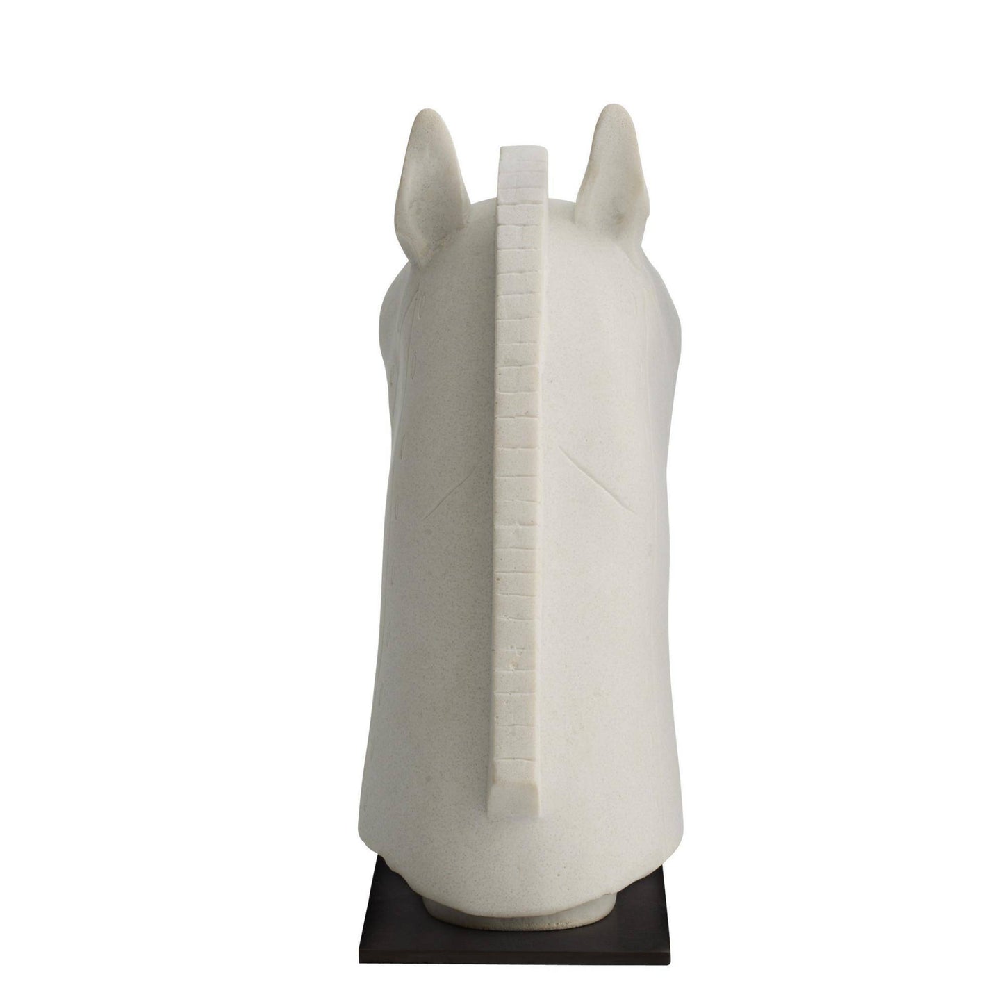 A minimalist white horse head sculpture on a black rectangular base, photographed against a solid white background.