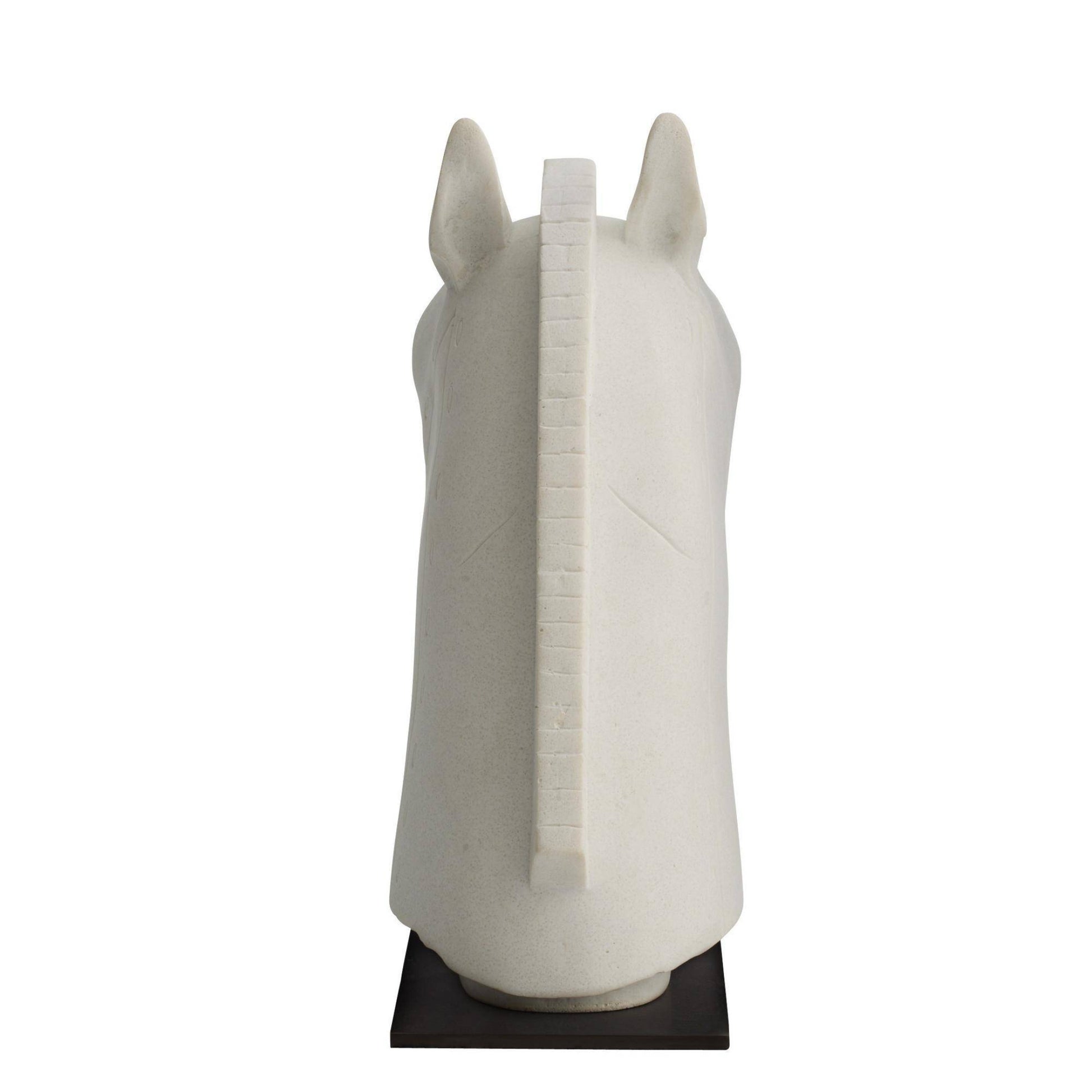 A minimalist white horse head sculpture on a black rectangular base, photographed against a solid white background.
