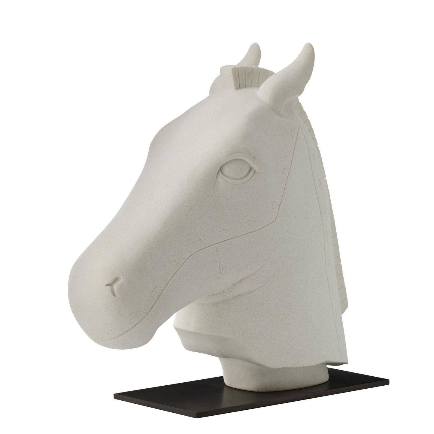 White horse head sculpture on a black stand against a white background