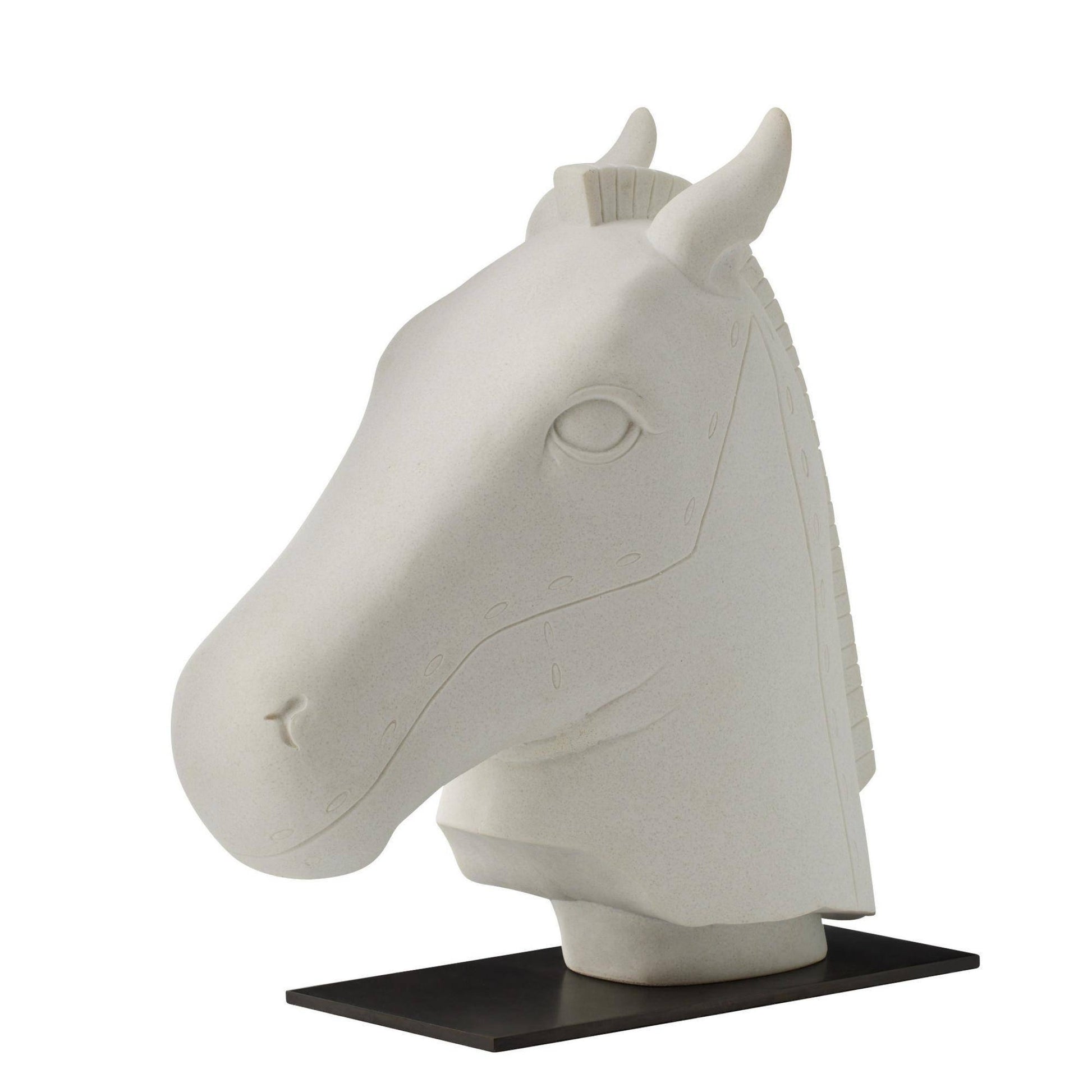 White horse head sculpture on a black stand against a white background