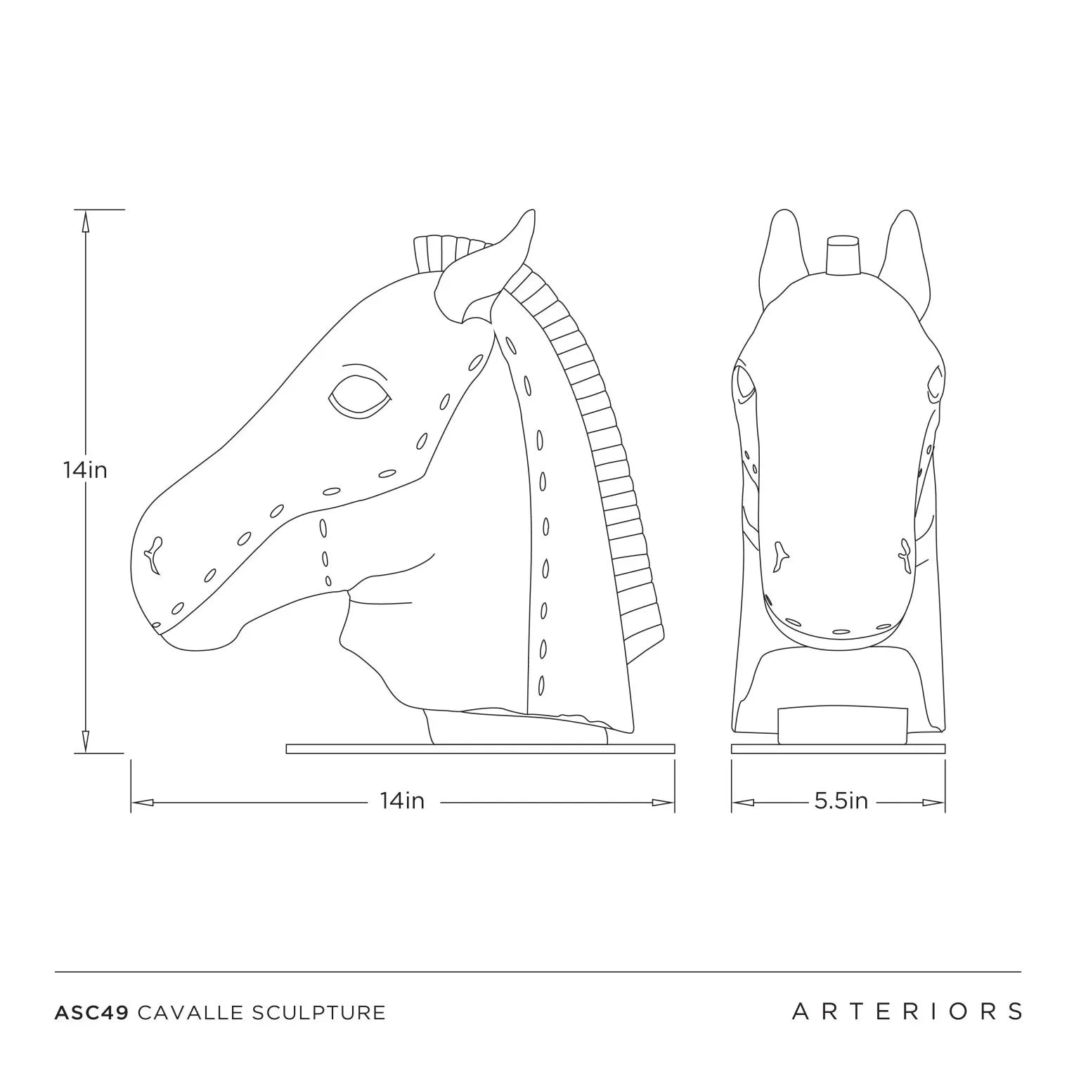Technical drawing of a horse sculpture with dimensions and branding.