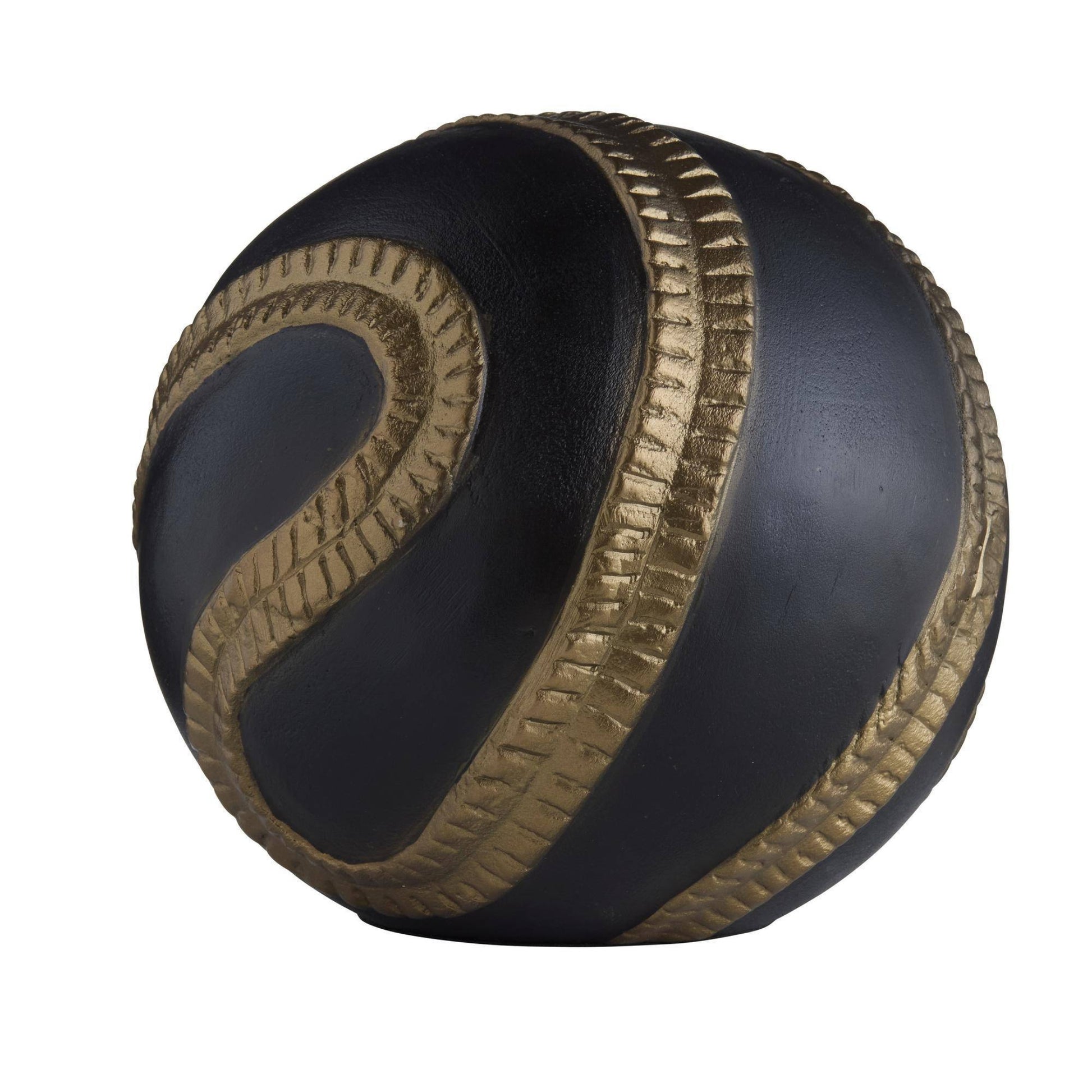 Black and gold spherical object with decorative patterns on a white background
