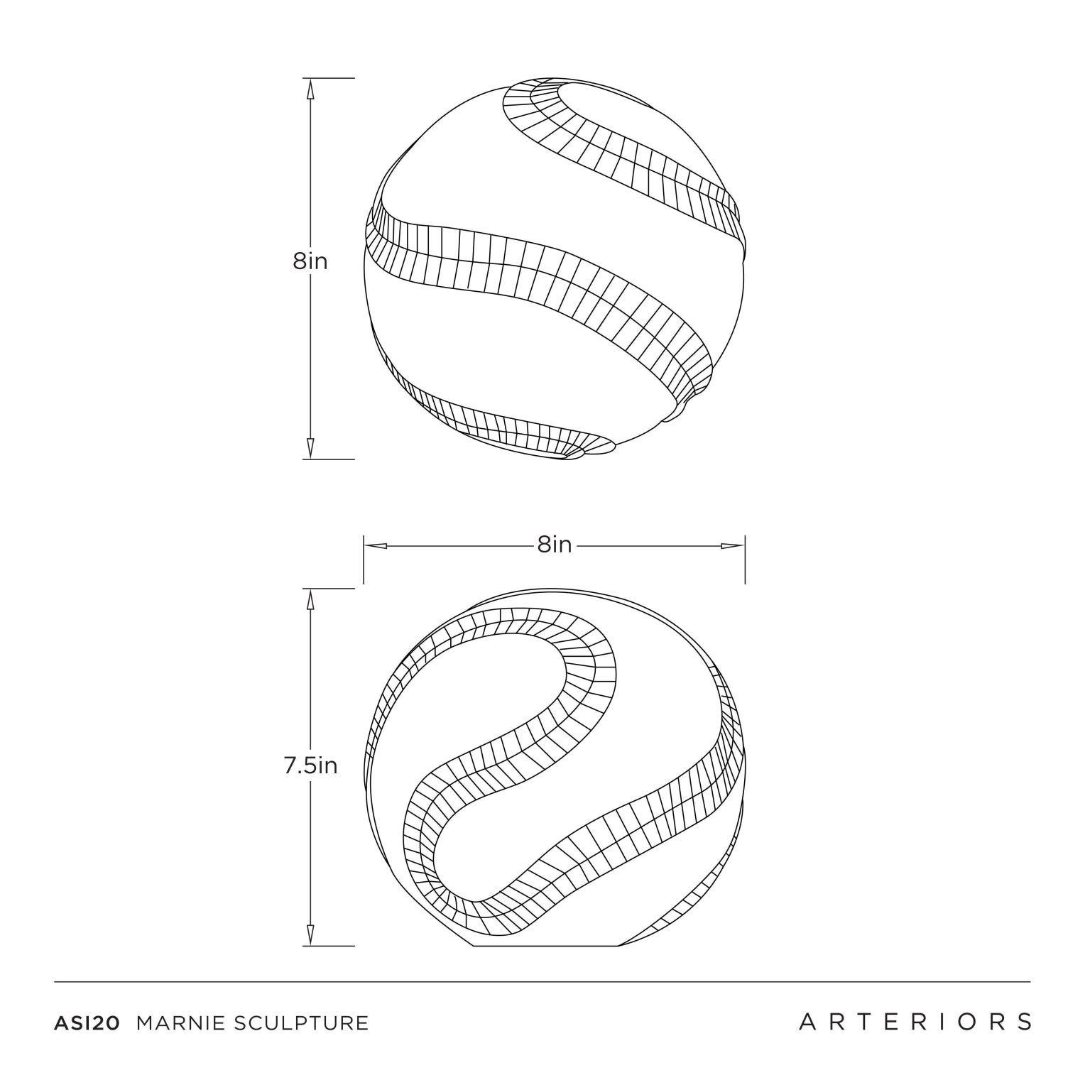 Technical dimension drawing of a spherical sculpture shown from two angles, with measurements labeled 8 in and 7.5 in.