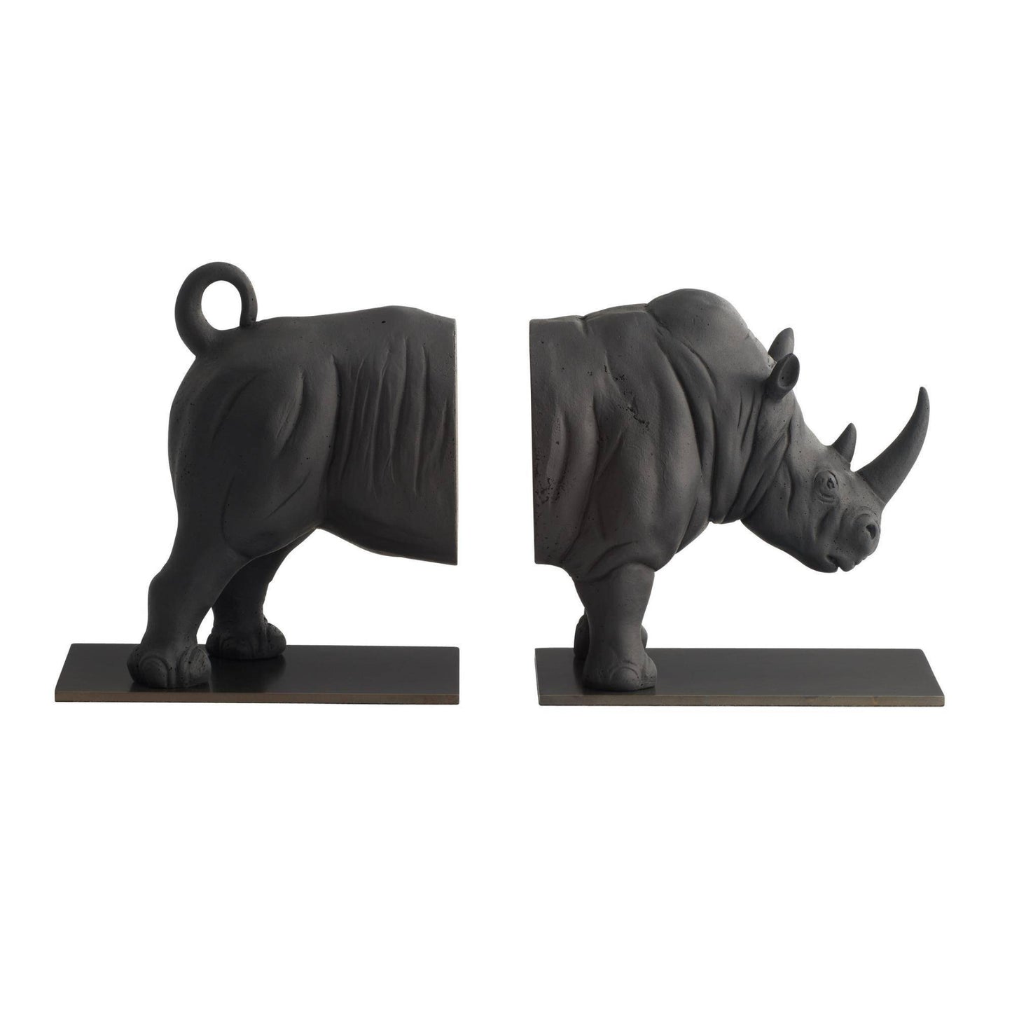 Black rhinoceros bookends on a white background