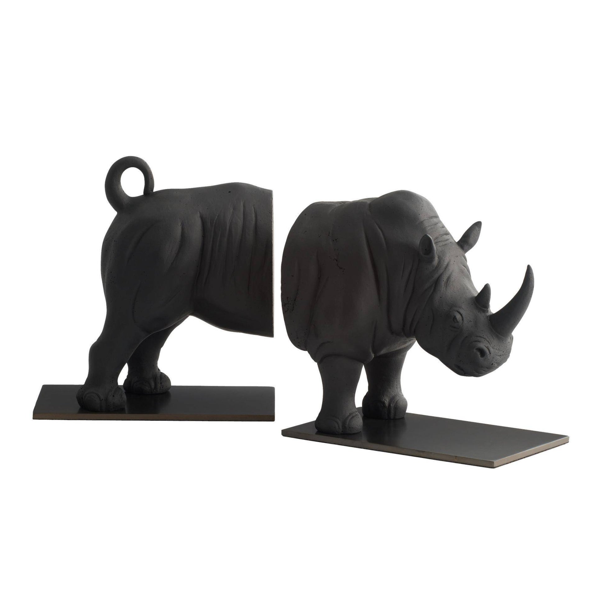 A pair of black rhinoceros bookends shaped like rhinos, standing on rectangular black bases against a plain white background.