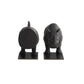 A pair of dark charcoal gray rhinoceros bookends on a solid white background, showing both front and back views.