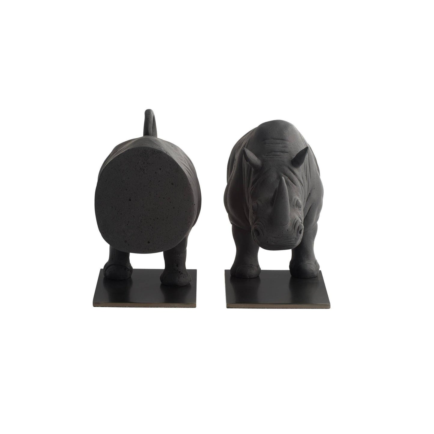 A pair of dark charcoal gray rhinoceros bookends on a solid white background, showing both front and back views.